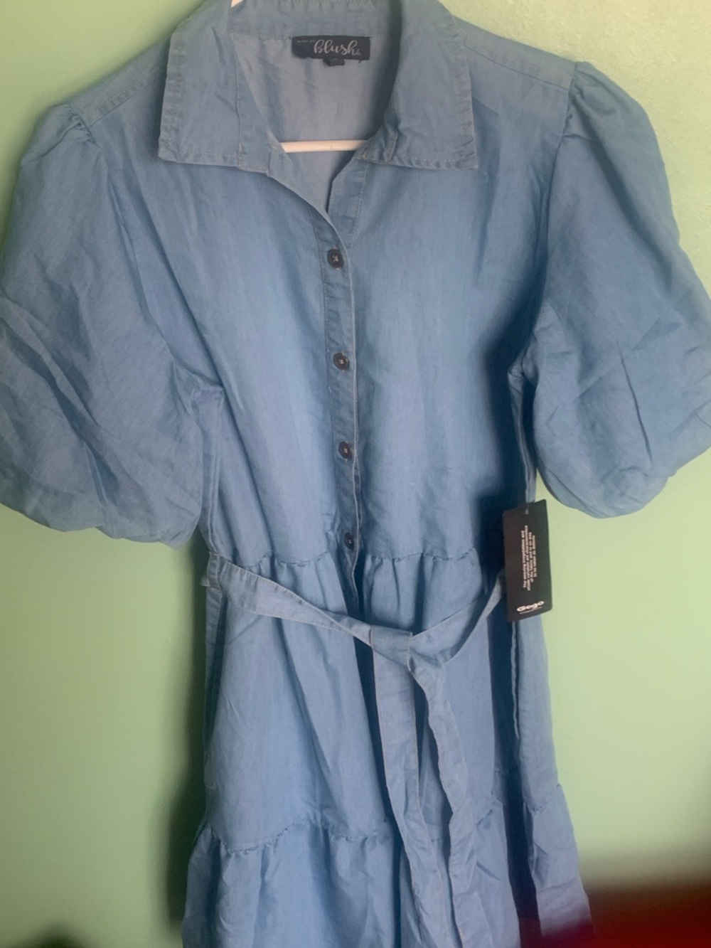 Blush Light Blue Button-Front Puff Sleeve Midi Dress with Tie Waist NWT